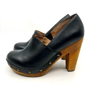 FIEL Leather Studded Block Wood Heel Pumps in Black Women's 7.5 US